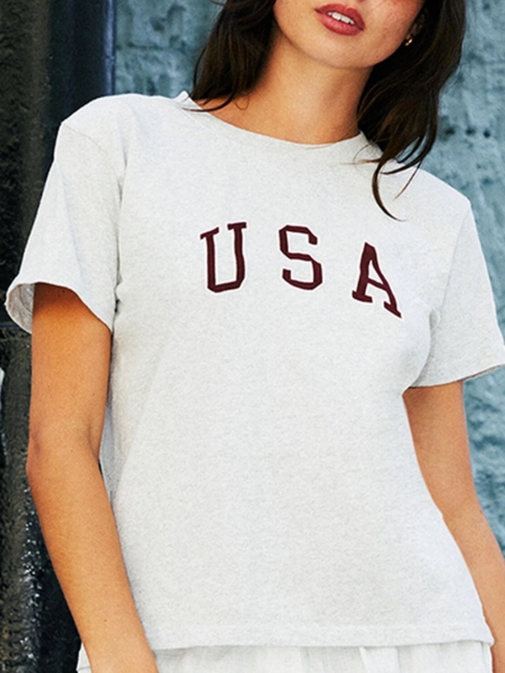 John Galt Brandy Melville Heather Gray USA Embroidered Short Sleeve T-Shirt
